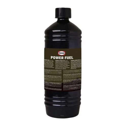 baksidan av Primus PowerFuel som är kemiskt ren bensin på 1 liter.