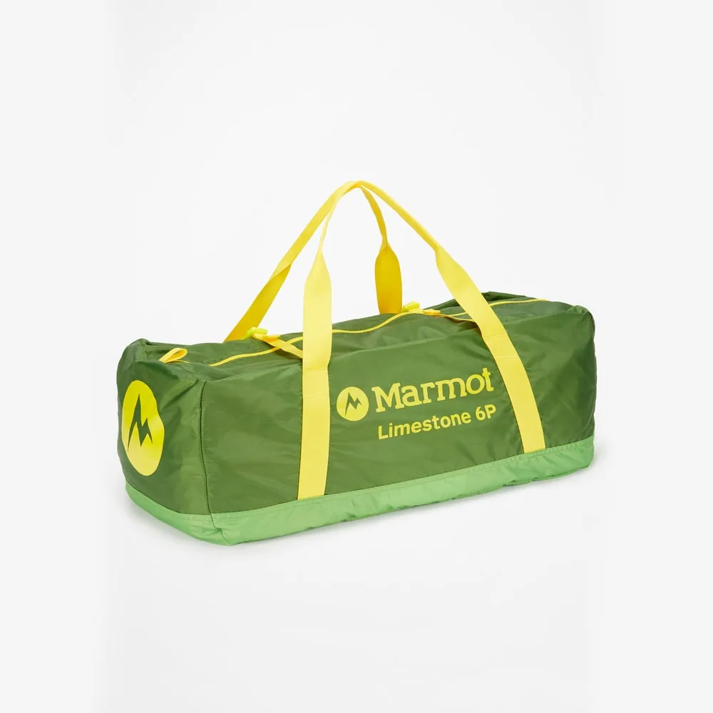 Ett lågviktigt och smidigt Marmot Limestone 6P kupoltält för 6 personer nerpackad i väska