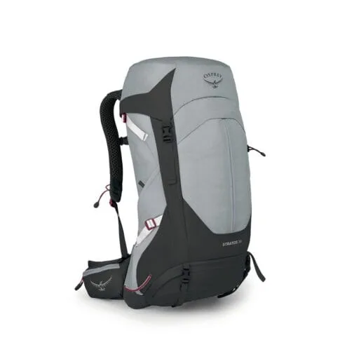 Osprey ryggsäck i modellen Stratos 36 i ljusgrå och svart.