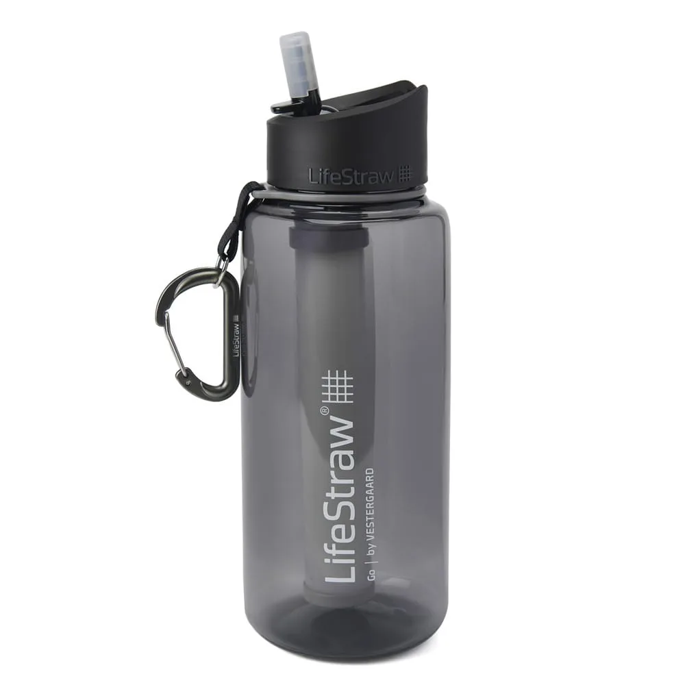 1 liter vattenflaska med filter från Lifestraw i färgen grå.