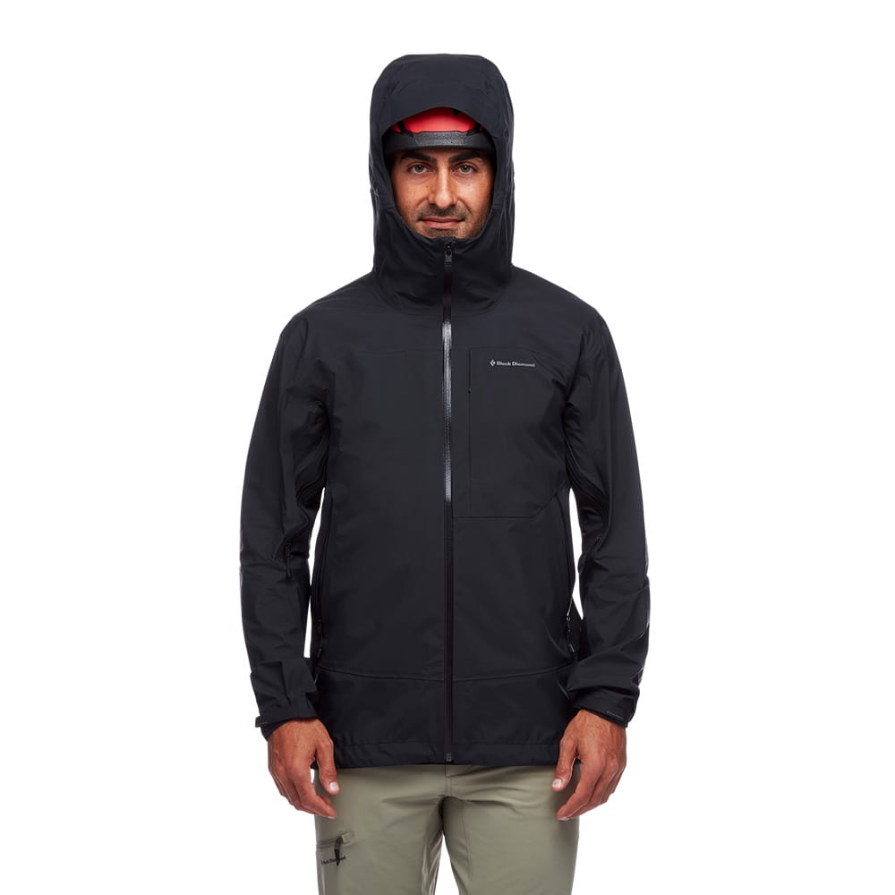 Black Diamond Highline Stretch Shell skaljacka med huva som går över hjälm.