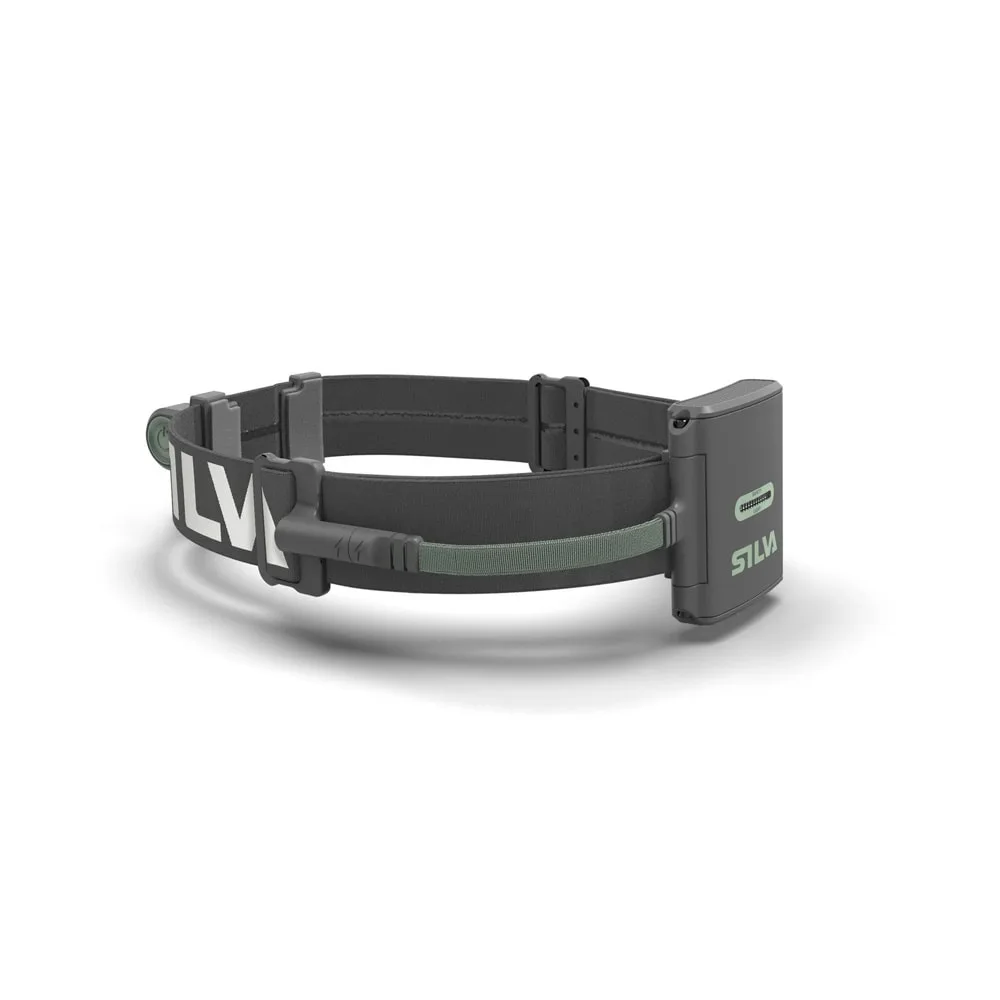 Ett grått huvudband med batteri påkopplat till Silva Trail runner Free 2 Hybrid pannlampa