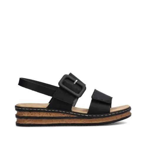 Utsida av snygga och stilrena Rieker 62950-00 sandaler med kilklack (dam)