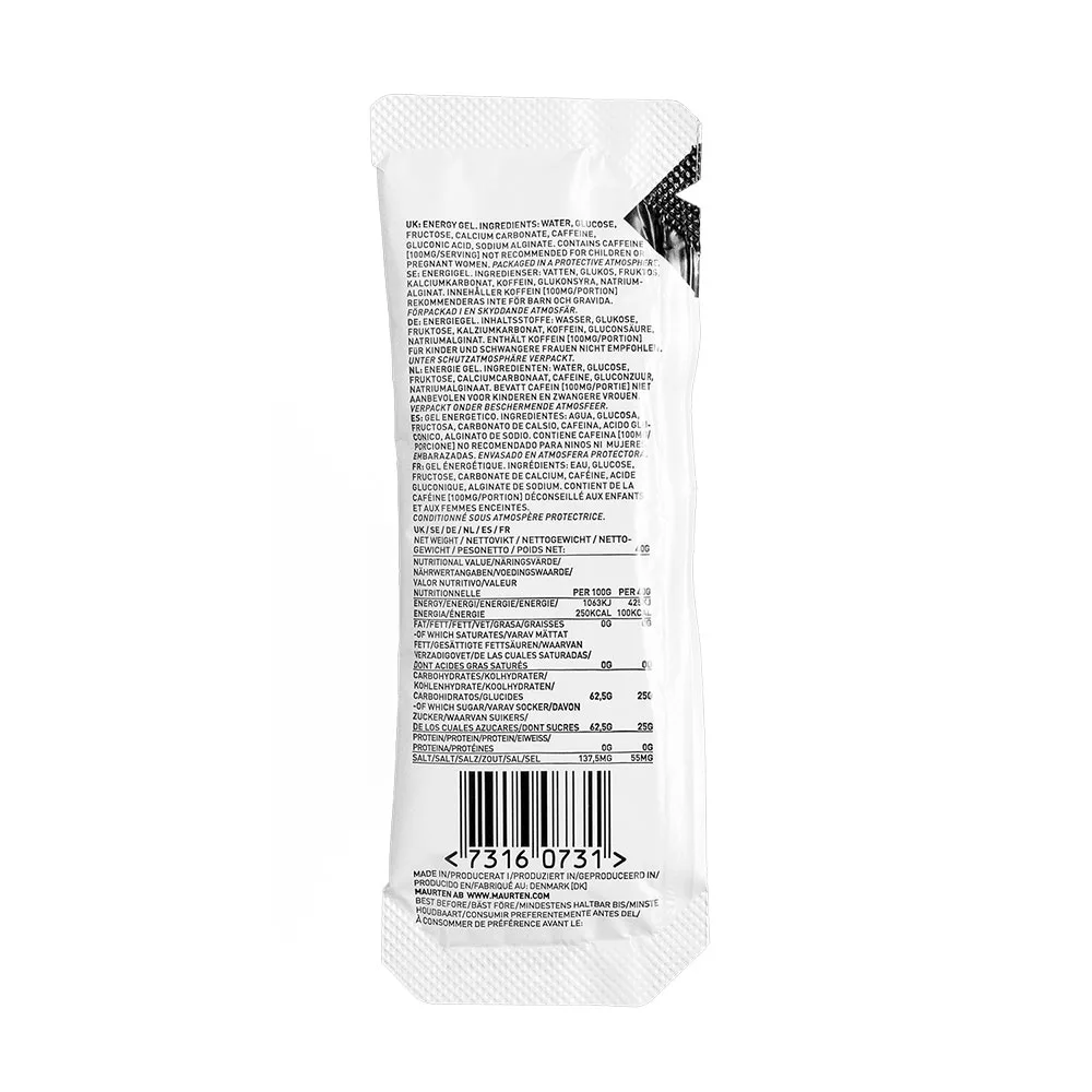 Maurten Gel 100 CAF 100 energigel baksidan
