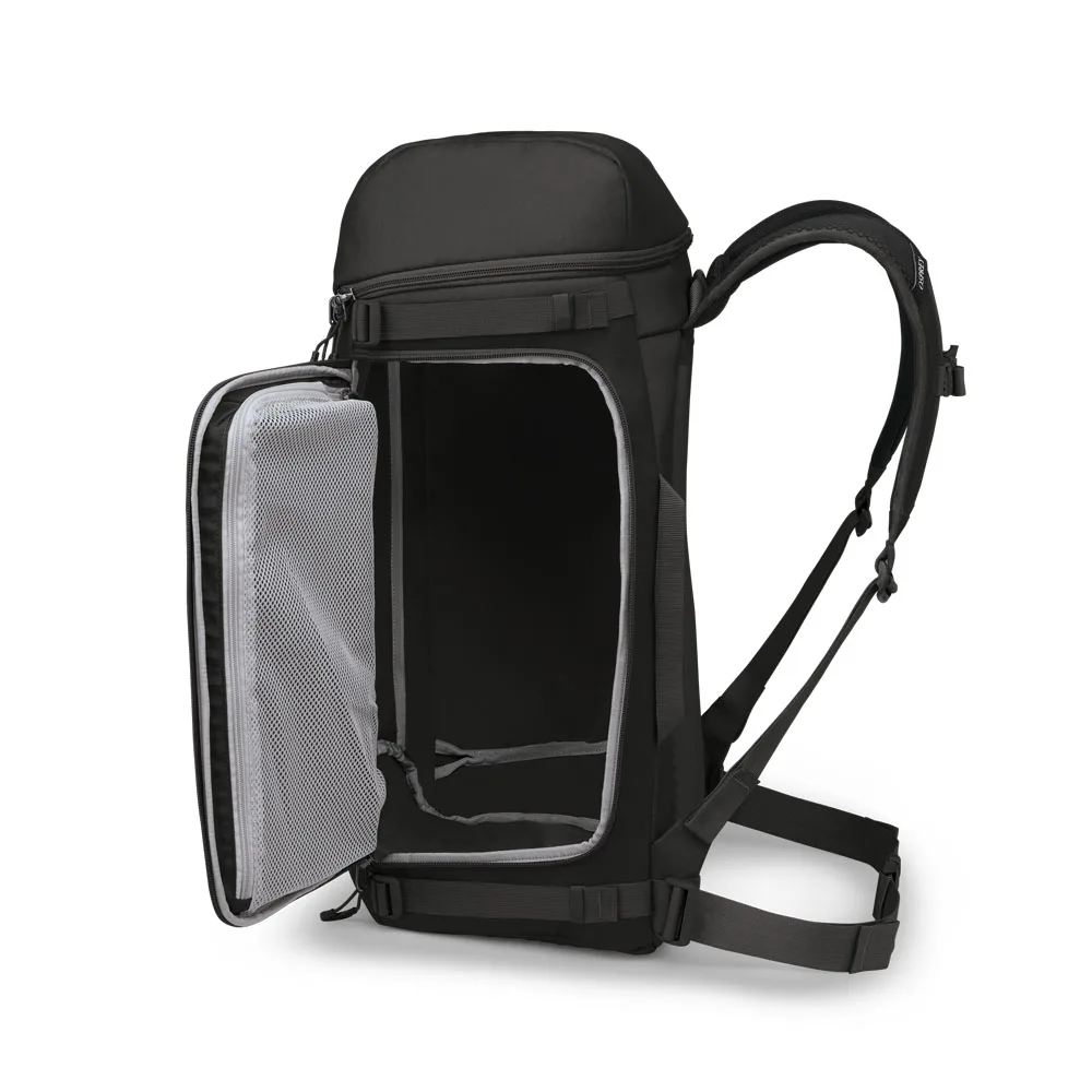 en Osprey Mountain Bound Boot Pack Plus väska för pjäxor (unisex) med sidoöppningen öppnad