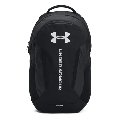 utsida av en svart Under Armour Hustle 6.0 träningsväska med datorfack (unisex)