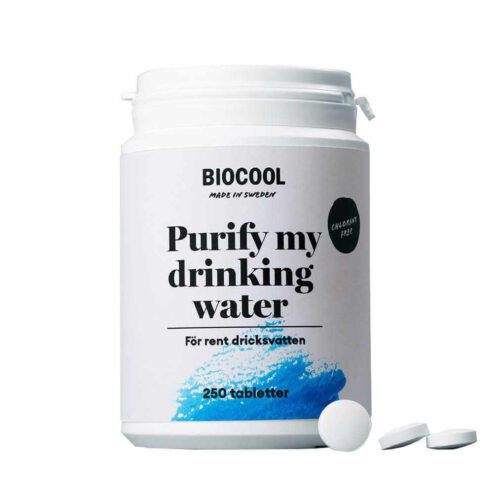 250 vattenreningstabletter från Biocool Purify my drinking water.