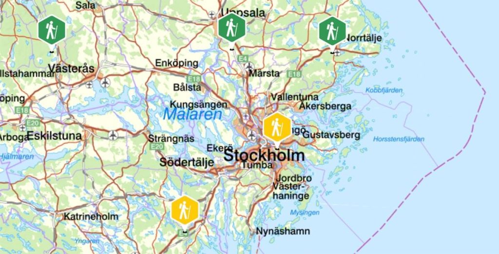 Karta med vandringsleder kring Stockholm.