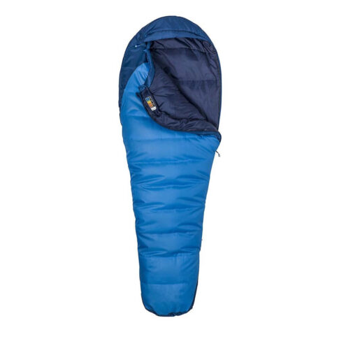 Nedzippad sovsäck i blå från Marmot Trestles Elite Eco 15.