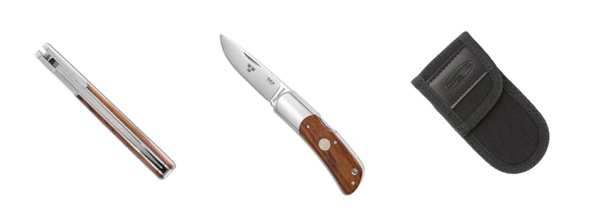 Kompakt fällkniv med TK3Ic Desert Ironwood från Fällkniven med elegant träskaft.
