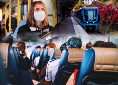 Kvinna med munskydd i kollektivtrafiken.