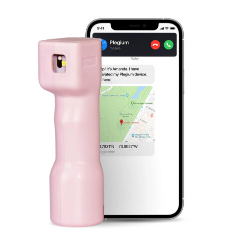Plegium Smart i färgen rosa bredvid mobil.