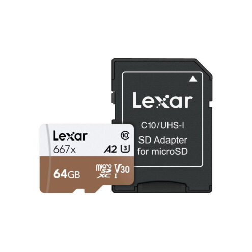 LEXAR SDXC minneskort med 64 GB lagringskapacitet och professional 667X micro SD-kort.