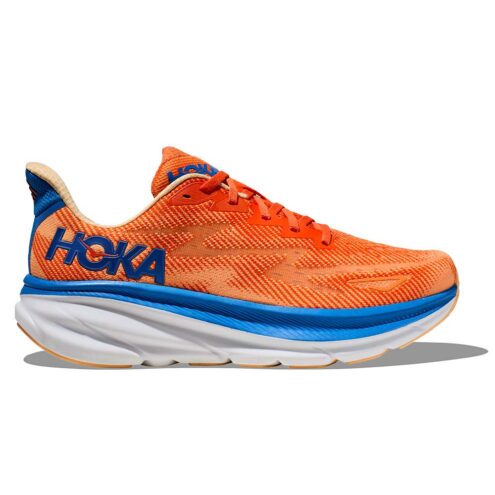 HOKA Clifton 9 löparskor i färgerna orange och blå