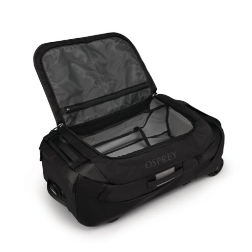 en Osprey Transporter Wheeled Duffel 90L resväska (unisex) med öppet lock